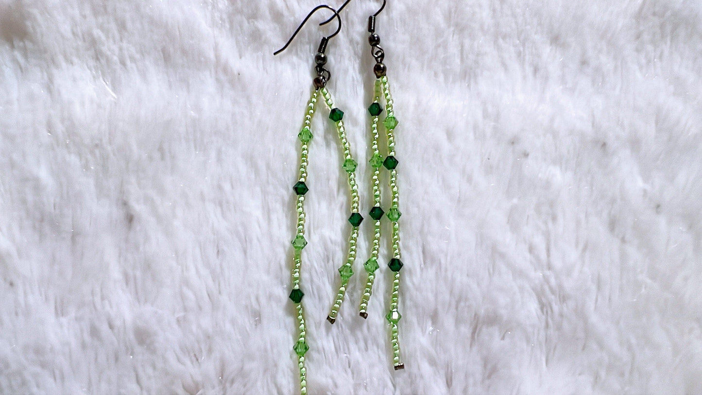 Double Bar Earrings, Asymmetrical Double Line Earrings, Bohemian Seed Bead Swarovski Crystal Earrings, Long Drop Earrings, Gift for her