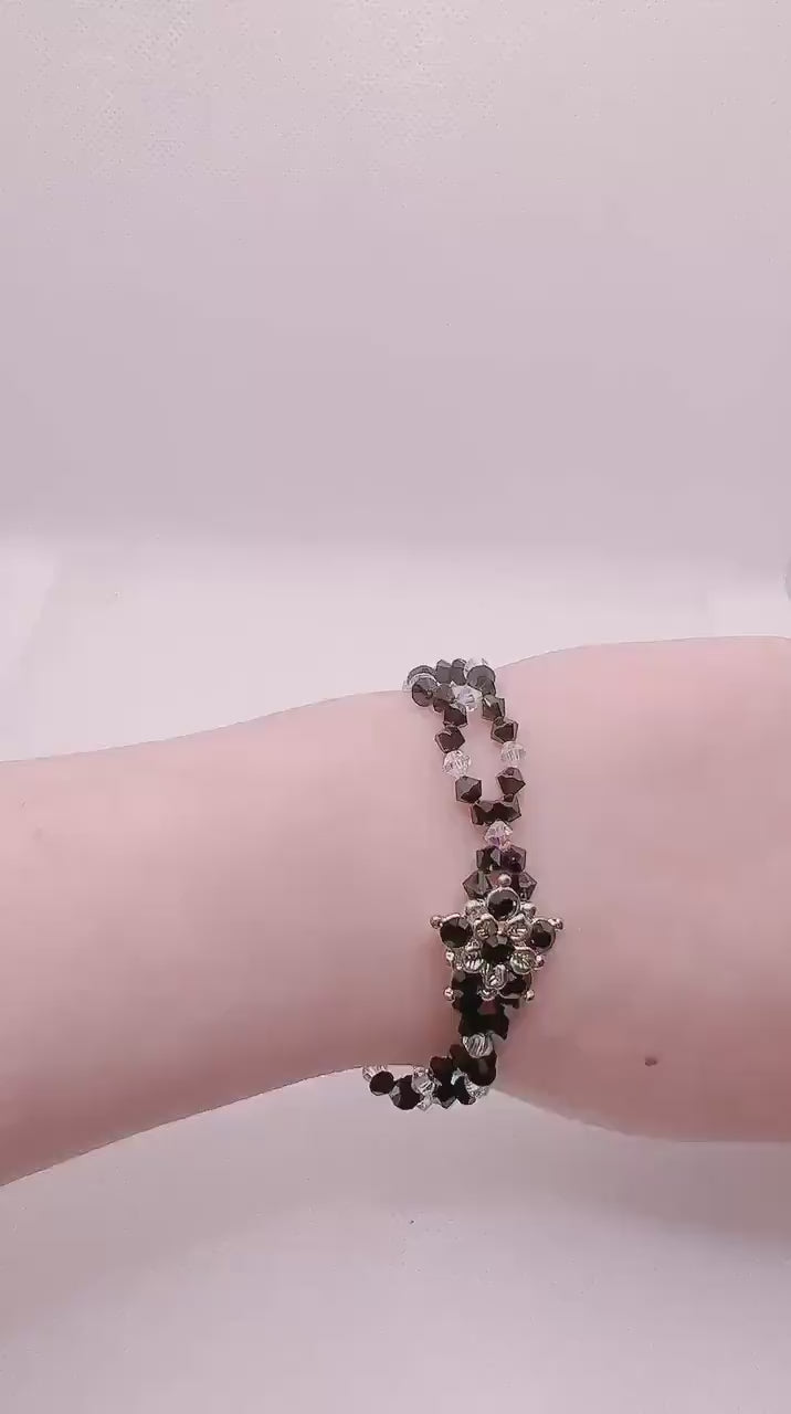 Black Daisy Bracelet, Art Nouveau Flower Crystal Bracelet, Lolita Bracelet, Mournful Jewelry, Memorial Bracelet, Gift For Her