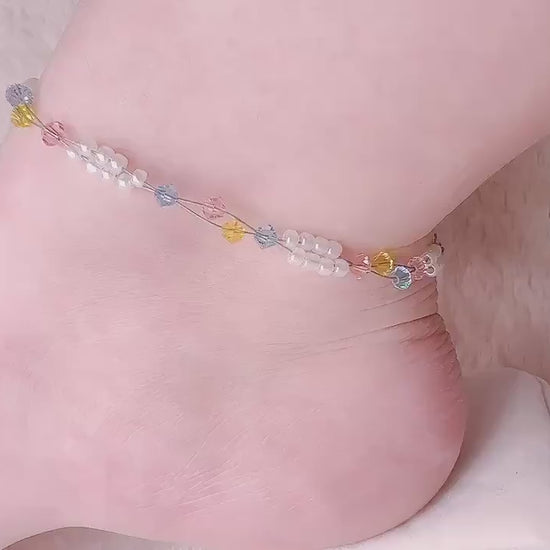 Pink Blue Yellow Bead Anklet, Sweet Dream Minimalist Anklet, Miyuki Bead Crystal Anklet, Swarovski Crystal Anklet, Gift For Her