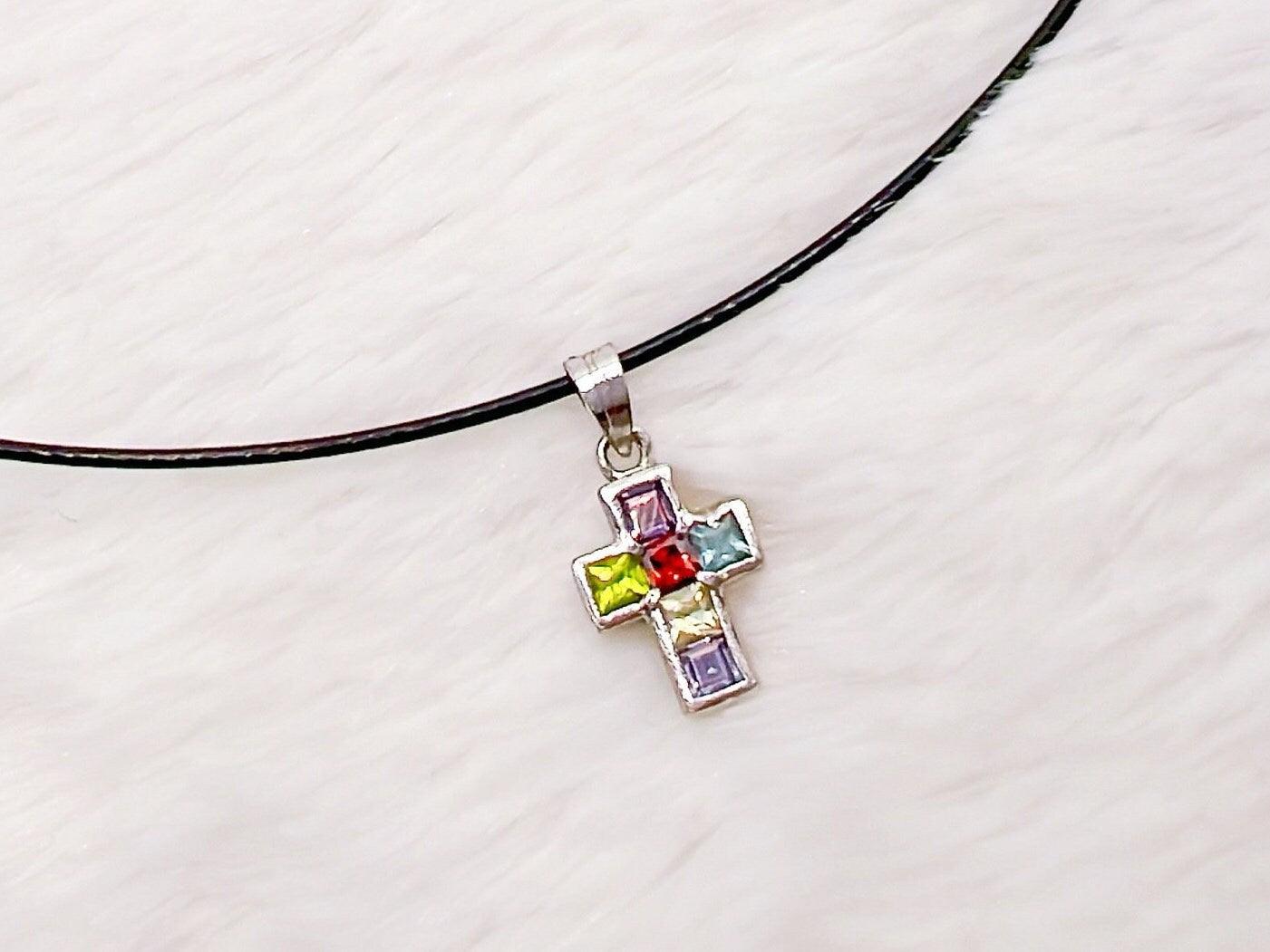 Rainbow Cross Necklace, Multicolor Cross Necklace, Boho Earthy Jeweled Cross Corded Necklace, Religious Jewelry, Gifts for Her