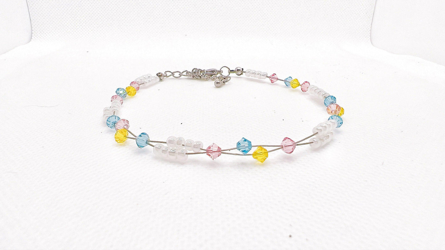 Pink Blue Yellow Bead Anklet, Sweet Dream Minimalist Anklet, Miyuki Bead Crystal Anklet, Swarovski Crystal Anklet, Gift For Her