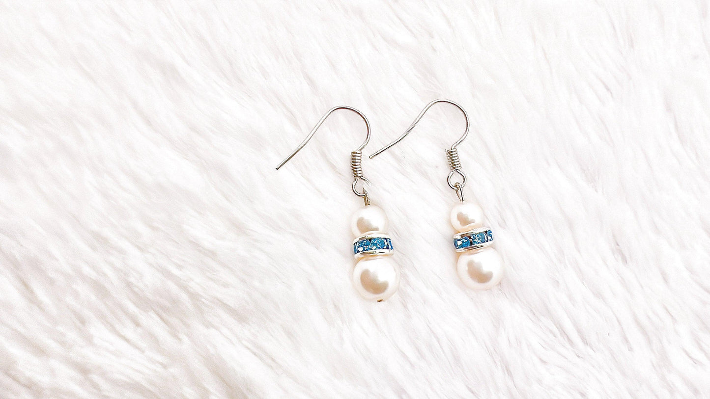 December Birthstone Pearl Earrings, Blue Topaz Pearl Earrings, Blue Topaz Rhinestone Pearl Earrings, Minimalist Crystal Pearl Earrings