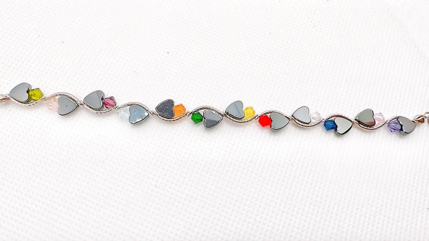 Rainbow Crystal Heart Bracelet, Hematite Heart Bracelet, Heart Bracelet, Birthday Bracelet Gift, Personalized Gift for her, Valentine Gift