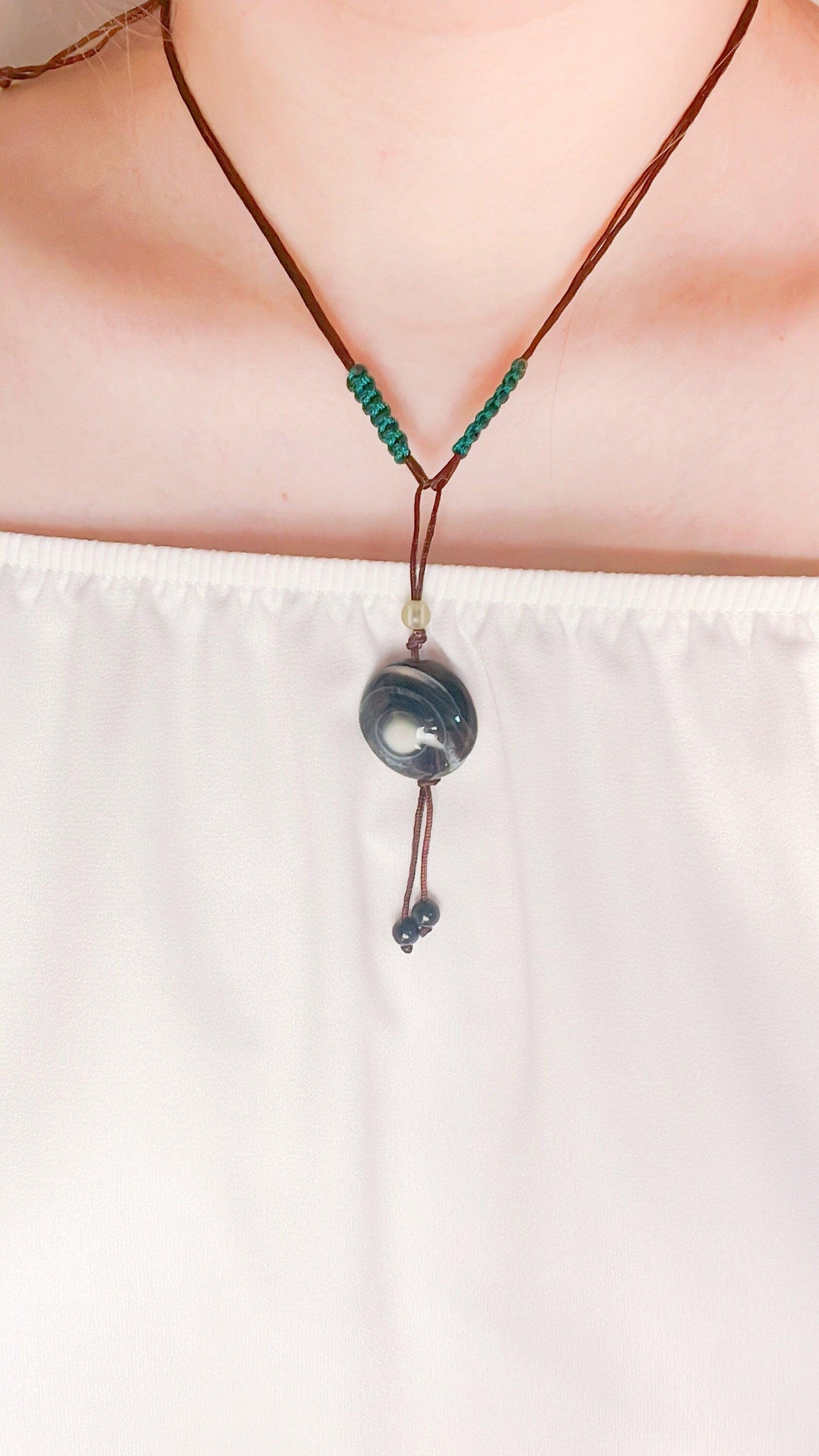 Boho Earthy String Adjustable Black Agate Stone Necklace, Agate Stone Jewelry, Natural Stone Necklace, Adjustable Necklace, Gift for her