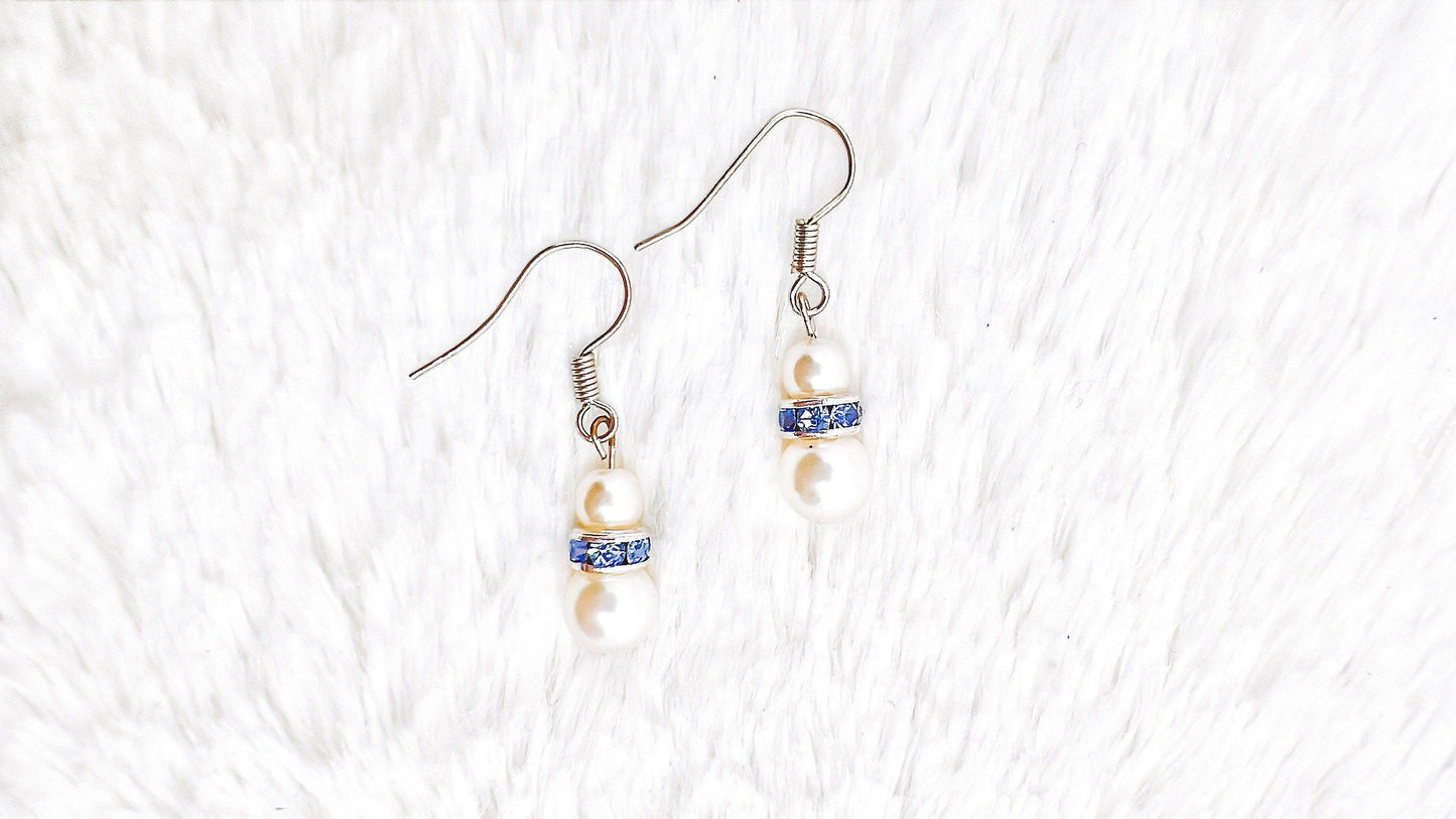 December Birthstone Pearl Earrings, Blue Topaz Pearl Earrings, Blue Topaz Rhinestone Pearl Earrings, Minimalist Crystal Pearl Earrings