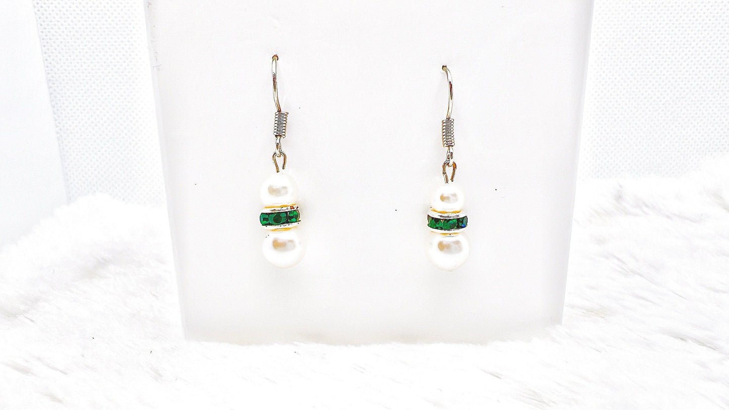 May Birthstone Earrings, Green Emerald Earrings, May Earrings Gift, Minimalist Swarovski Pearl Earrings, Crystal Pearl Earrings Birthstone