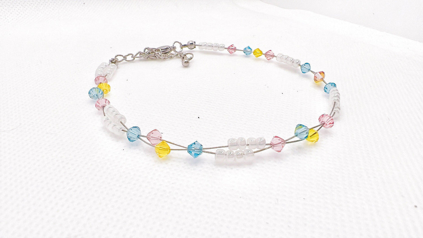 Pink Blue Yellow Bead Anklet, Sweet Dream Minimalist Anklet, Miyuki Bead Crystal Anklet, Swarovski Crystal Anklet, Gift For Her