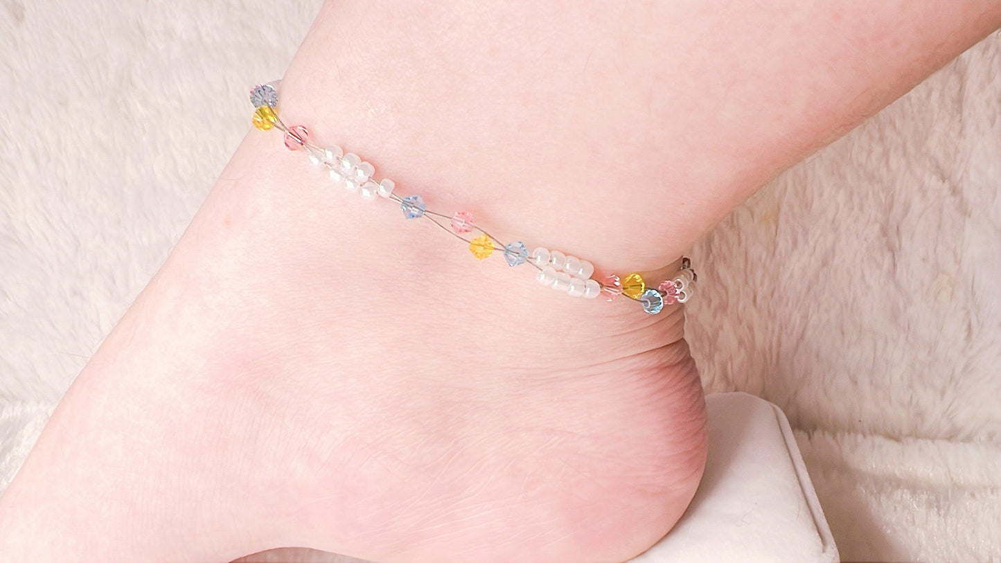 Pink Blue Yellow Bead Anklet, Sweet Dream Minimalist Anklet, Miyuki Bead Crystal Anklet, Swarovski Crystal Anklet, Gift For Her