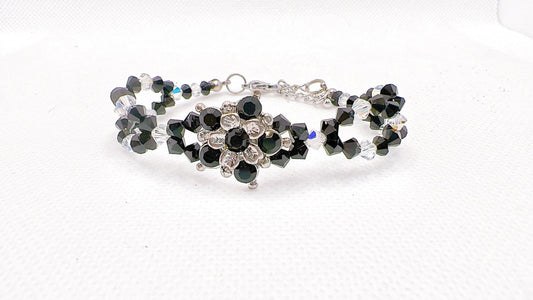 Black Daisy Bracelet, Art Nouveau Flower Crystal Bracelet, Lolita Bracelet, Mournful Jewelry, Memorial Bracelet, Gift For Her
