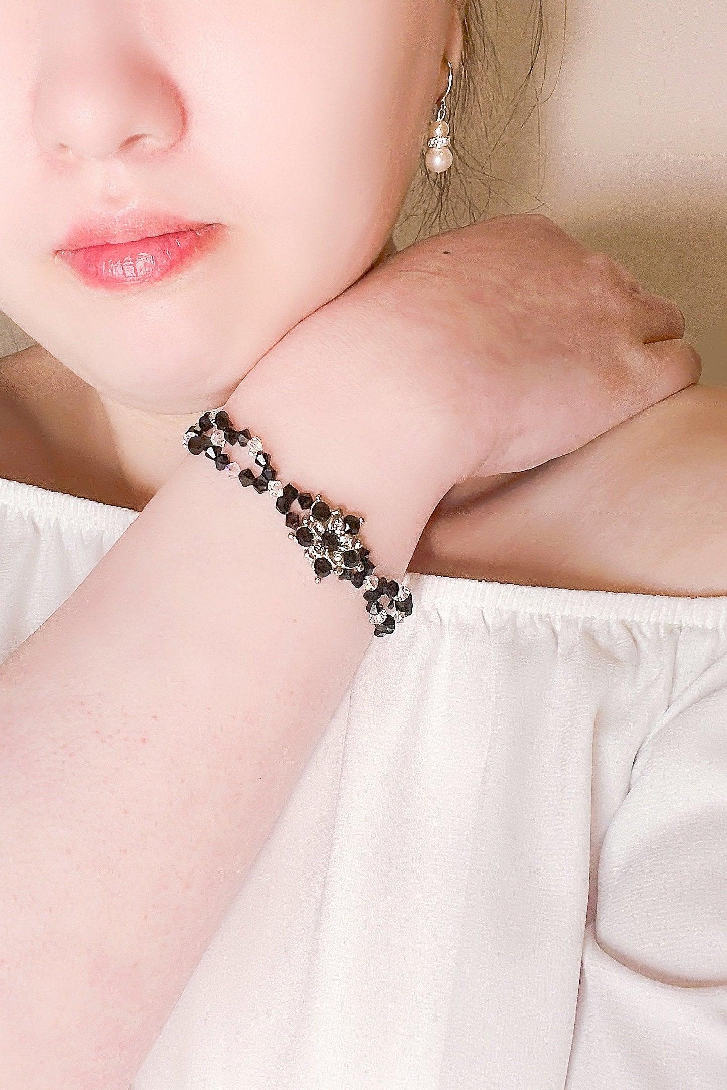 Black Daisy Bracelet, Art Nouveau Flower Crystal Bracelet, Lolita Bracelet, Mournful Jewelry, Memorial Bracelet, Gift For Her