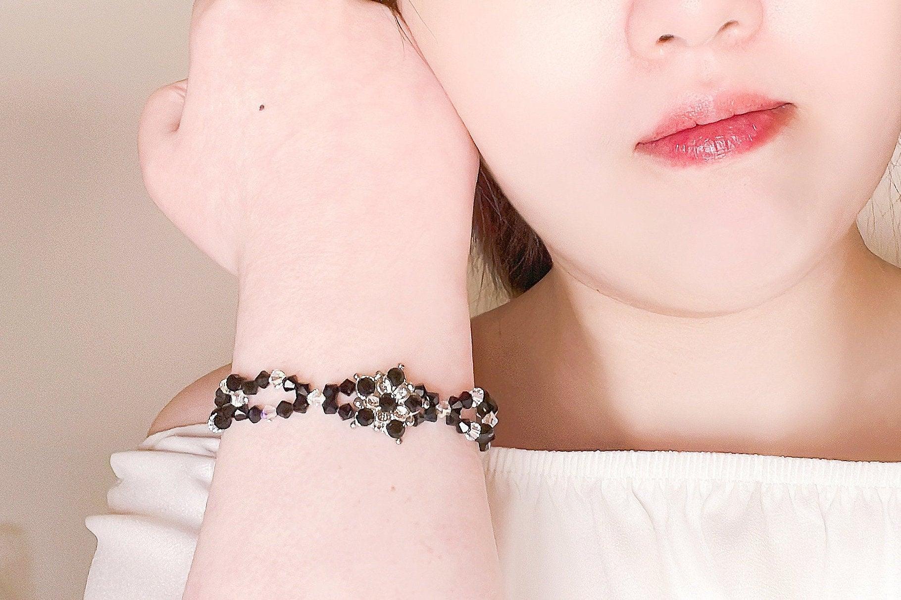 Black Daisy Bracelet, Art Nouveau Flower Crystal Bracelet, Lolita Bracelet, Mournful Jewelry, Memorial Bracelet, Gift For Her